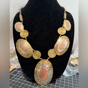 Artisan Hammered Brass, Copper and Silver Tone Statement Necklace